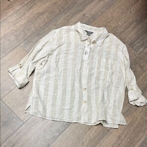 NWT Natural Reflections Beige Cream Striped  Cotton Blend Linen Like Shirt